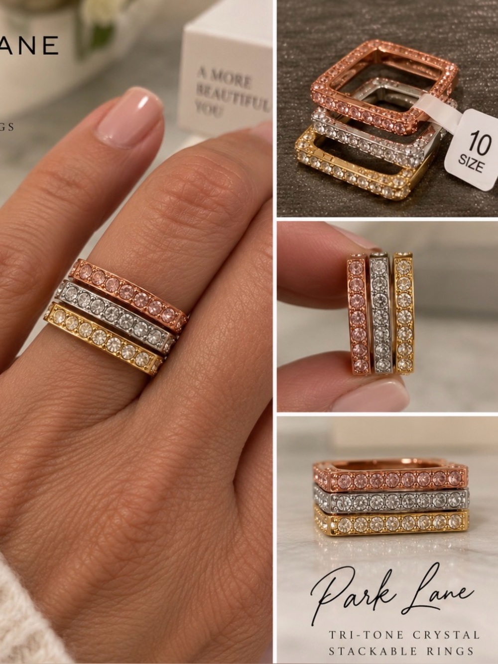 Park Lane Tri-Color Crystal Stack Ring in Rose, Silver & Gold